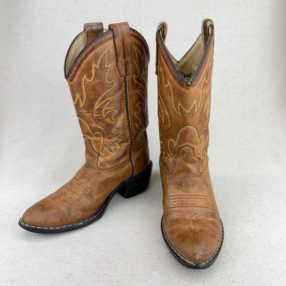 Old West Kids Tan Leather Cowboy Boots Western Pointed Toe 8129 Size 12D Costume